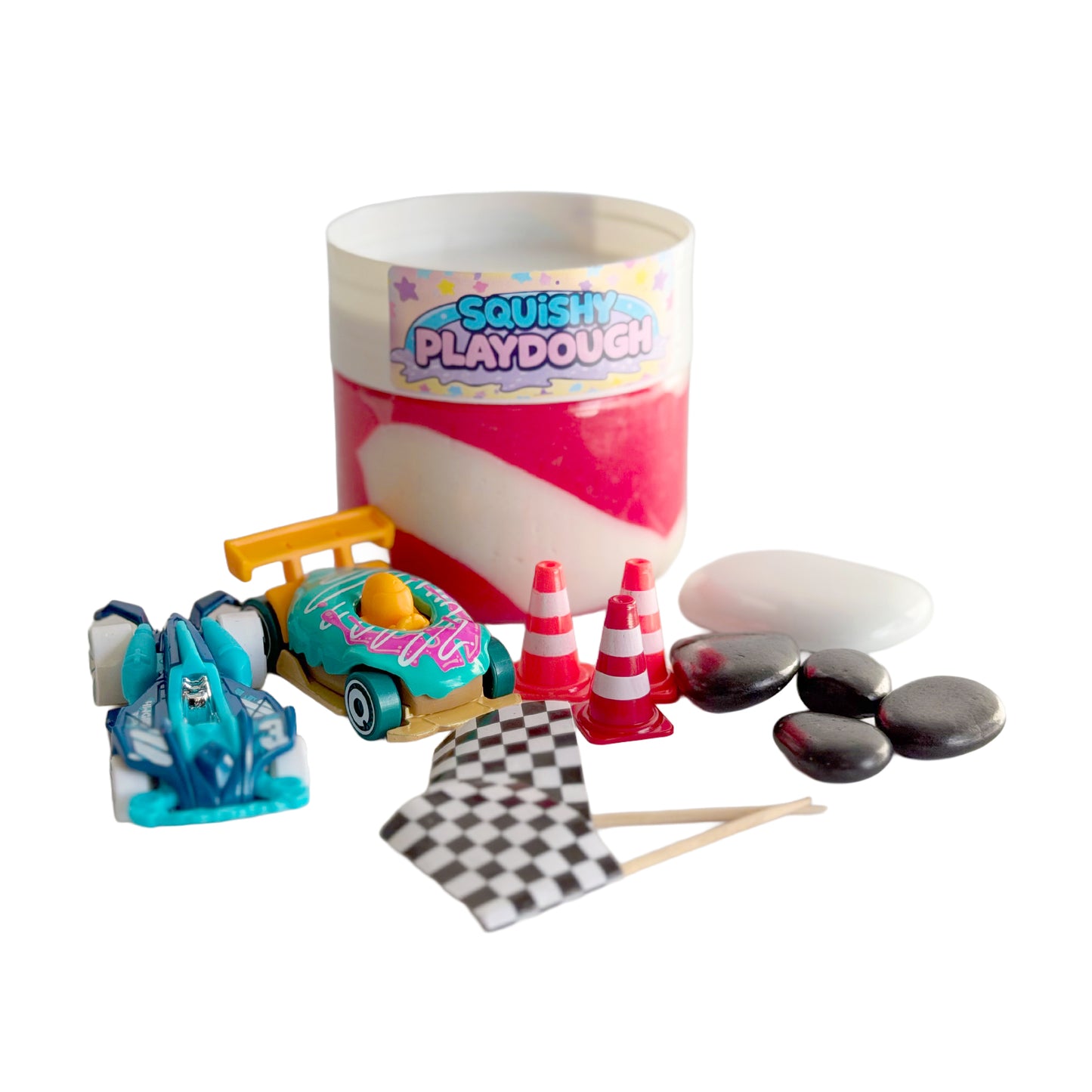 Playdough set with toy cars, traffic cones, and fun accessories