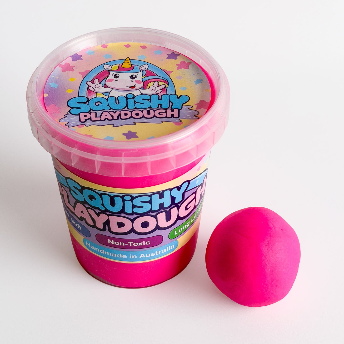 Pink Playdough Tub 550g. Handmade by Squishy Play. Super soft, non-toxic and long lasting. Perfect for sensory play, fine motor skill development and creative play.