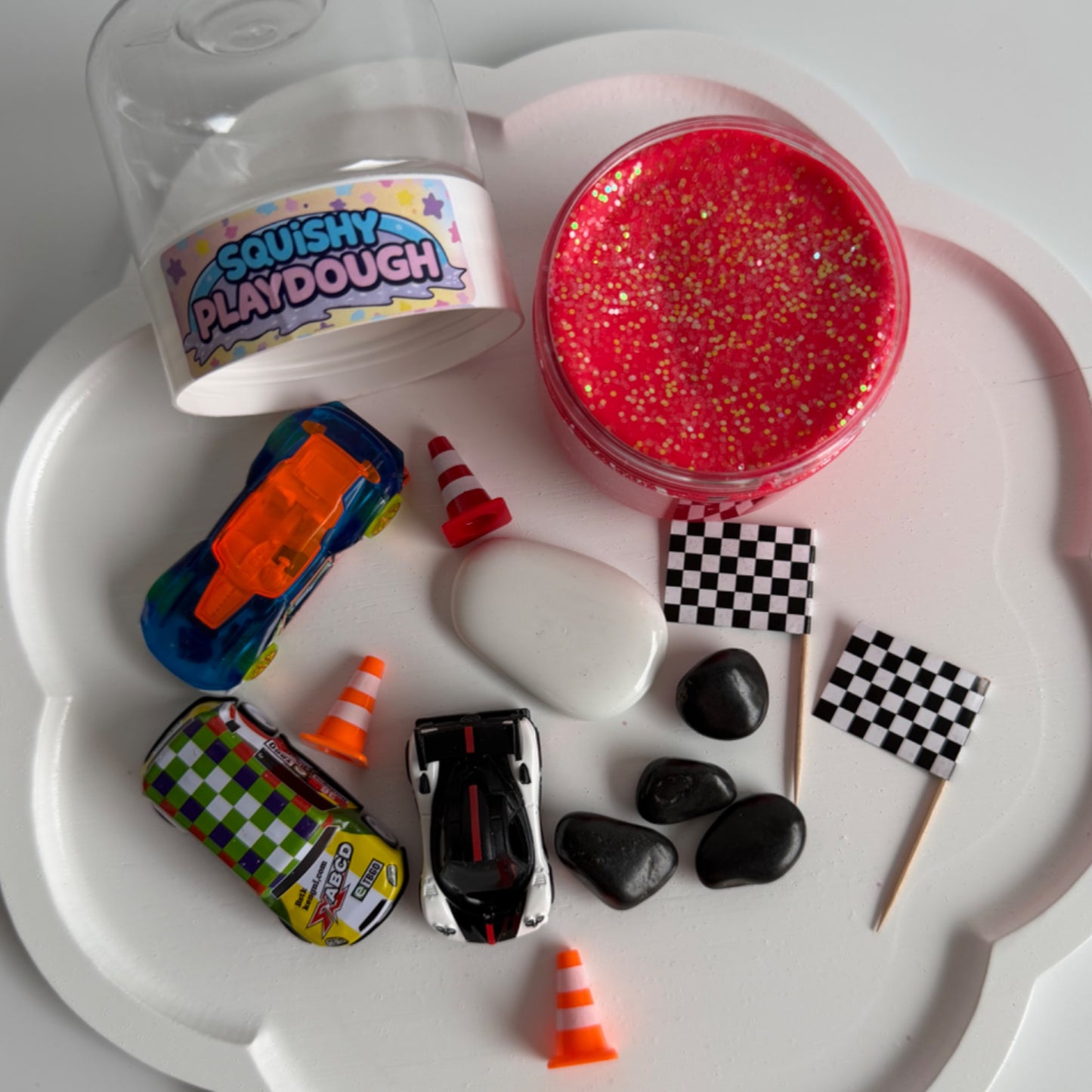 Squishy Play red playdough container with fun car toys
