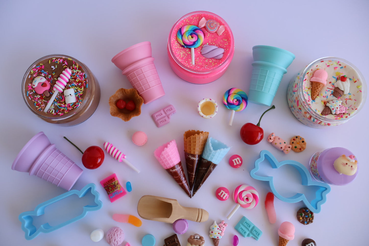 Ice cream cone playdough tools and moulds included in the Sweet Treats Playdough Kit.