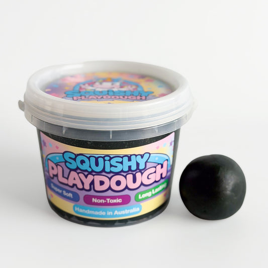 Black Playdough Tub 1kg. Handmade by Squishy Play. Super soft, non-toxic and long lasting. Perfect for sensory play, fine motor skill development and creative play.