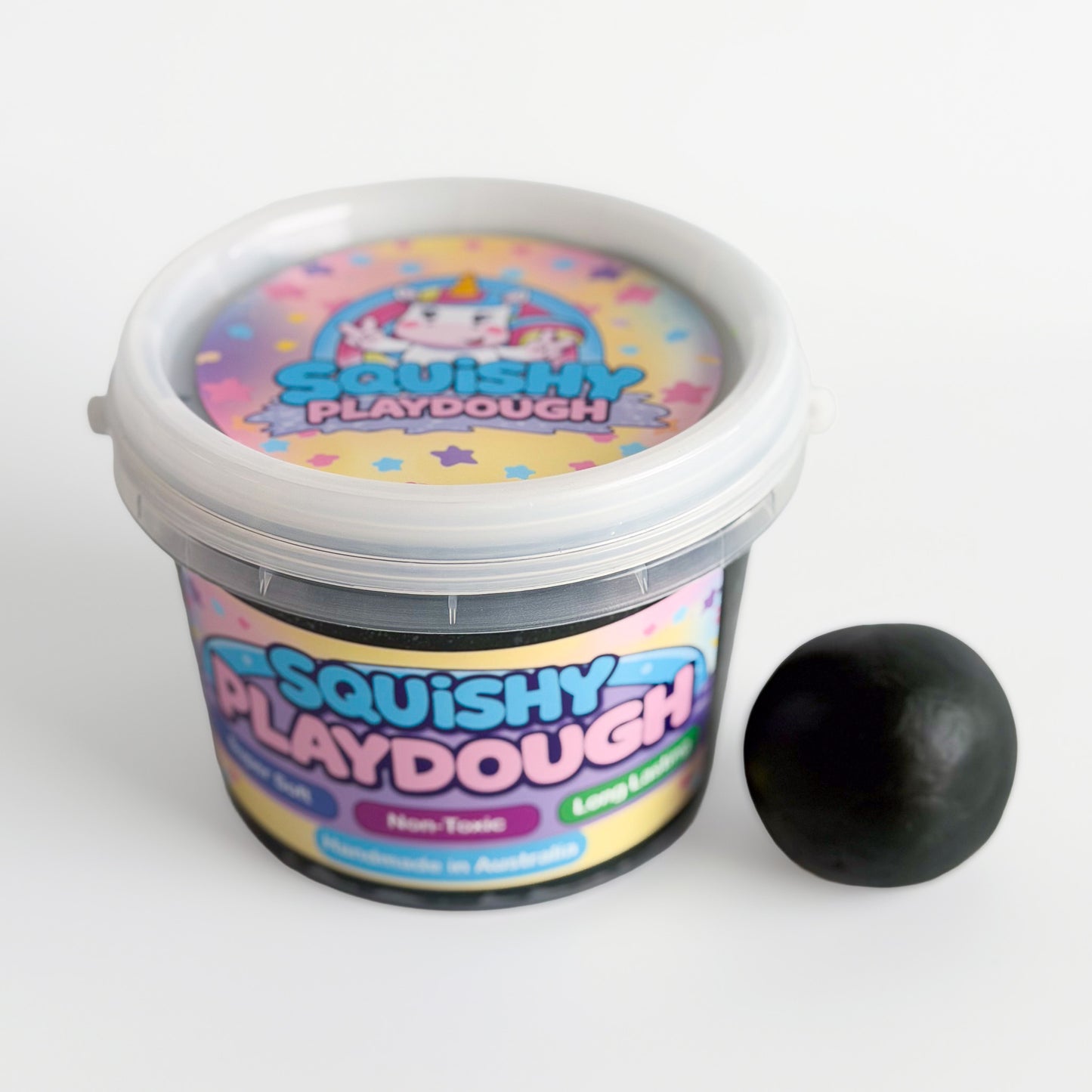 Black Playdough Tub 1kg. Handmade by Squishy Play. Super soft, non-toxic and long lasting. Perfect for sensory play, fine motor skill development and creative play.