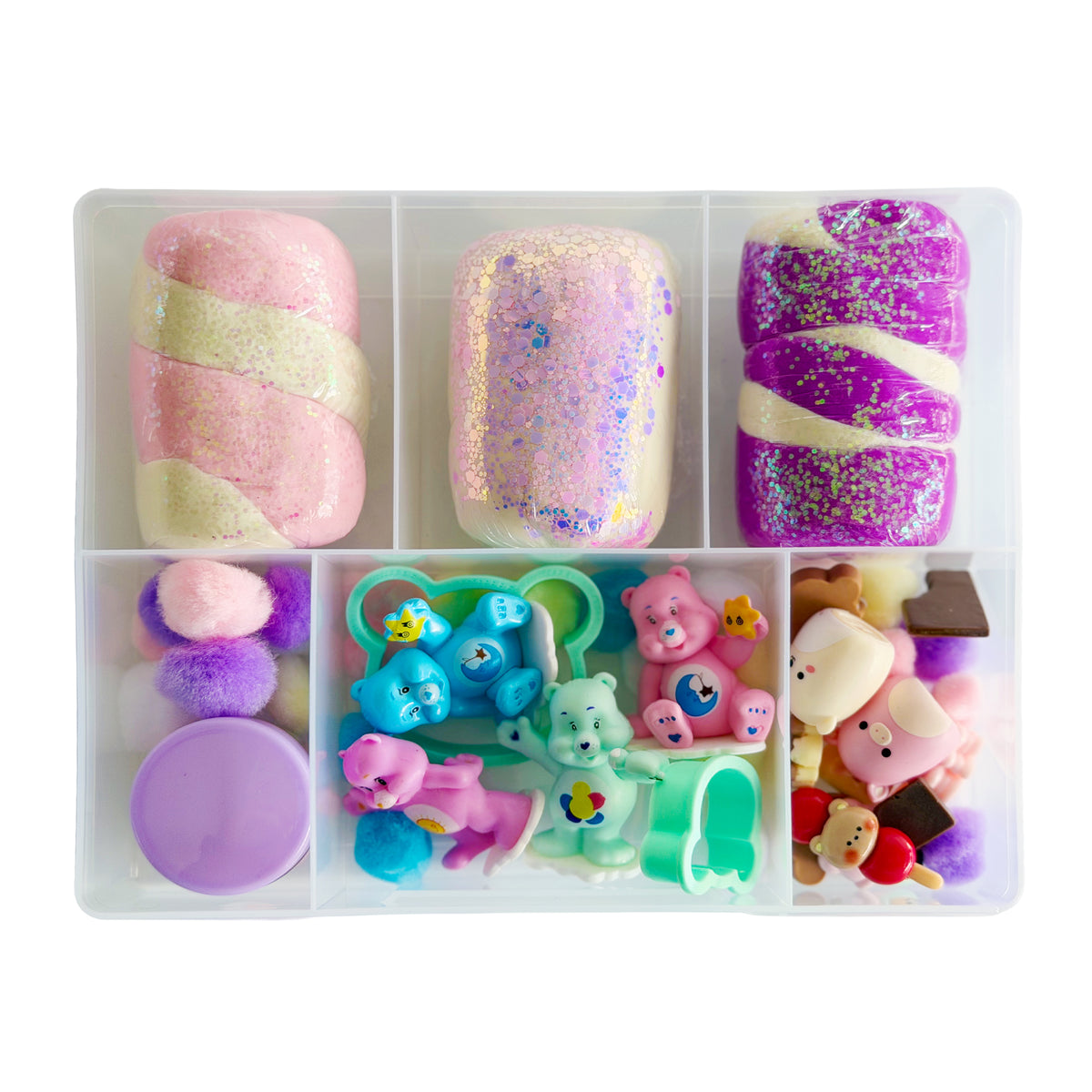 Care Bear themed playdough kit by Squishy Play with colourful dough and sensory accessories for kids.