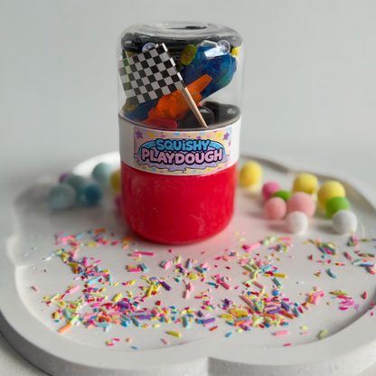 Squishy Play red playdough container with fun car  toys 