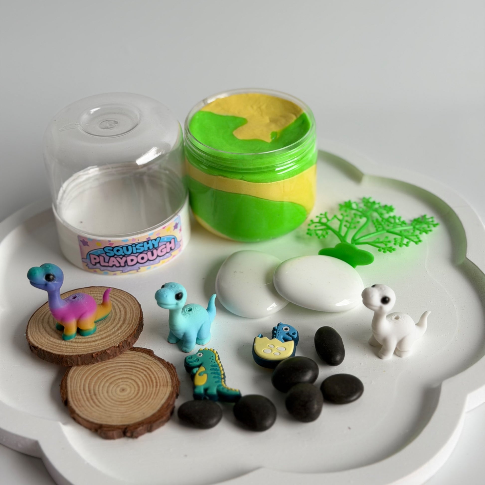 Squishy Playdough container with dinosaur toys. Handmade in Australia. Super soft and non toxic playdough.