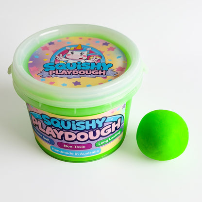 Green Playdough Tub 1kg. Handmade by Squishy Play. Super soft, non-toxic and long lasting. Perfect for sensory play, fine motor skill development and creative play.