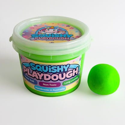 Green Playdough Tub 1kg. Handmade by Squishy Play. Super soft, non-toxic and long lasting. Perfect for sensory play, fine motor skill development and creative play.