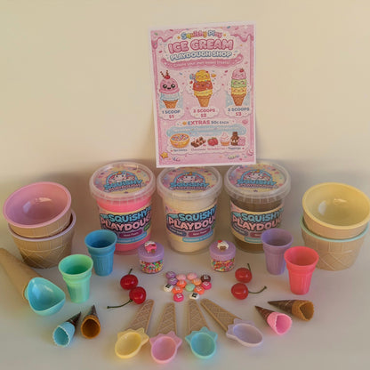 Ice Cream Playdough Shop. Create your own ice cream shop at home with this deluxe playdough kit. Perfect for sensory play.