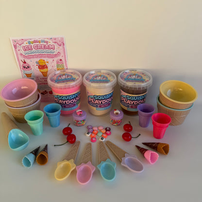 Ice Cream Playdough Shop. Create your own ice cream shop at home with this deluxe playdough kit. Perfect for sensory play.