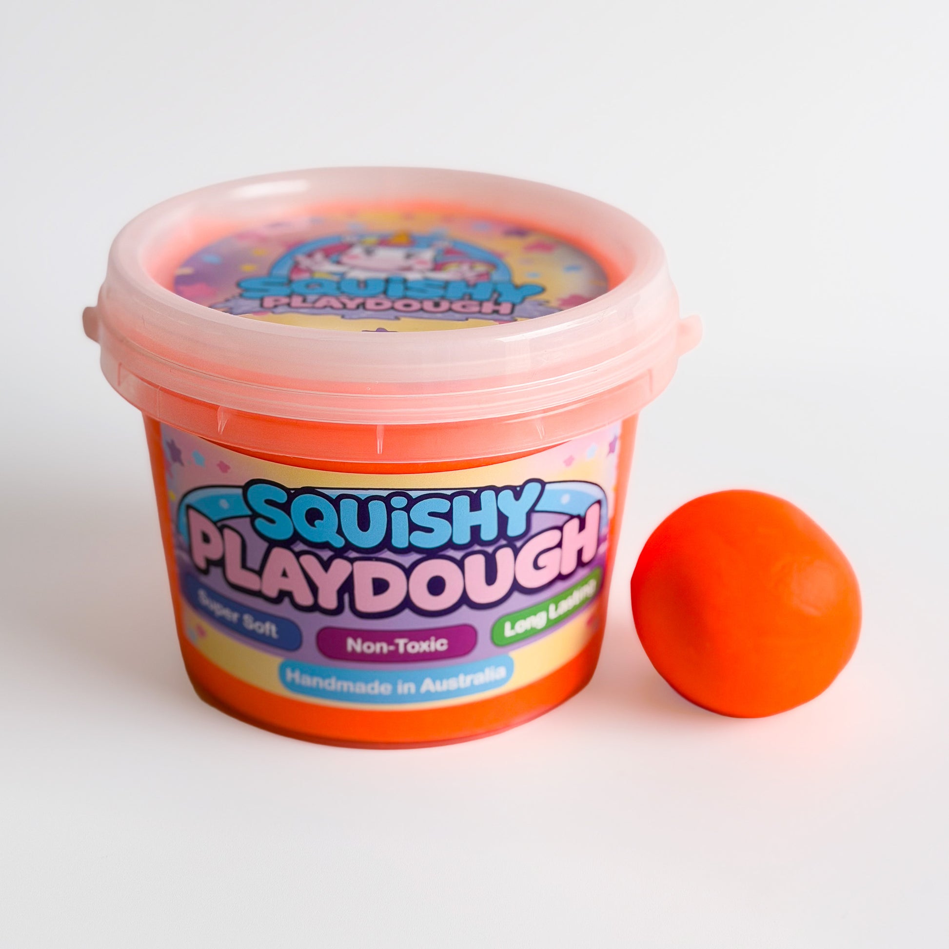 Orange Playdough Tub 1kg. Handmade by Squishy Play. Super soft, non-toxic and long lasting. Perfect for sensory play, fine motor skill development and creative play.