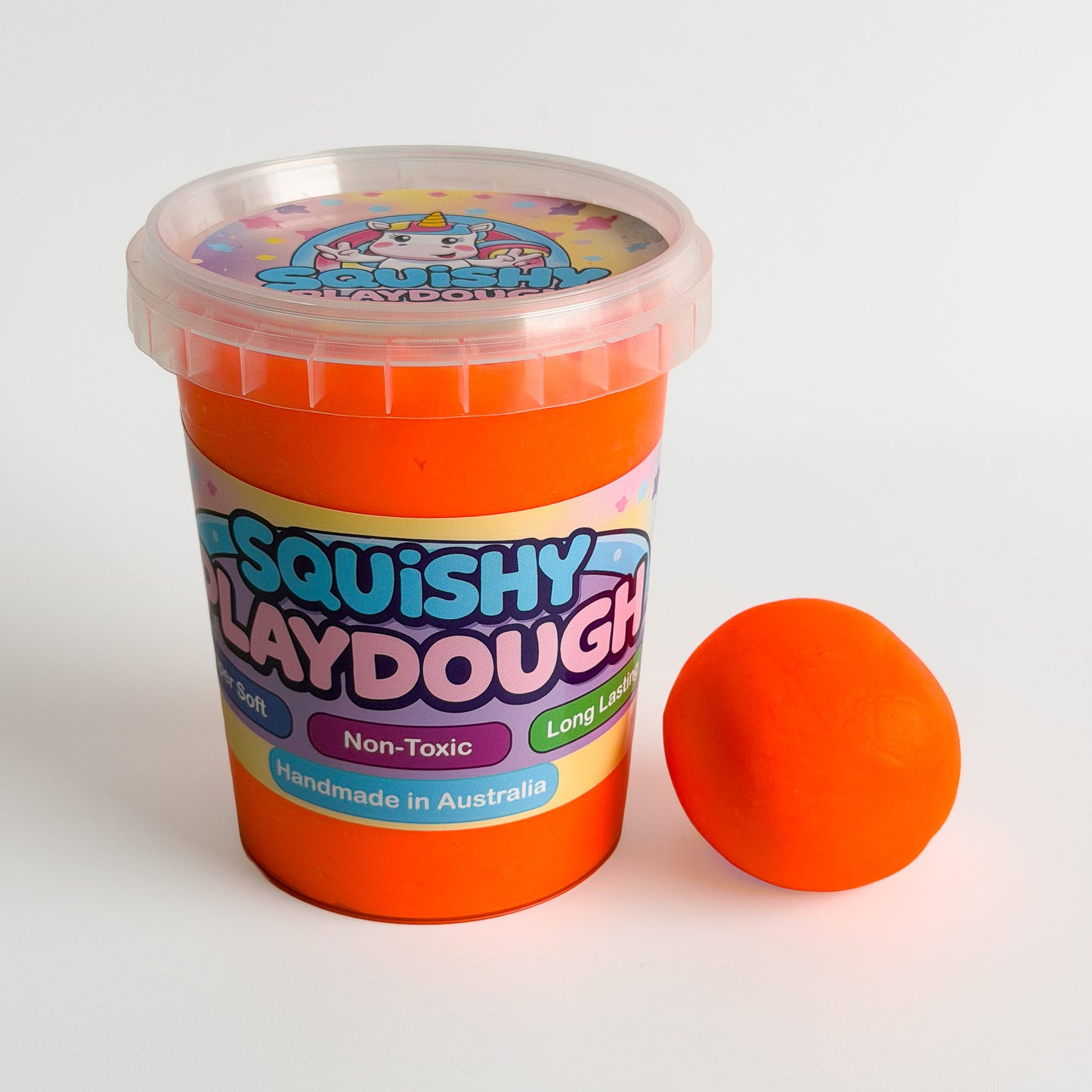 Orange Playdough Tub 550g. Handmade by Squishy Play. Super soft, non-toxic and long lasting. Perfect for sensory play, fine motor skill development and creative play.