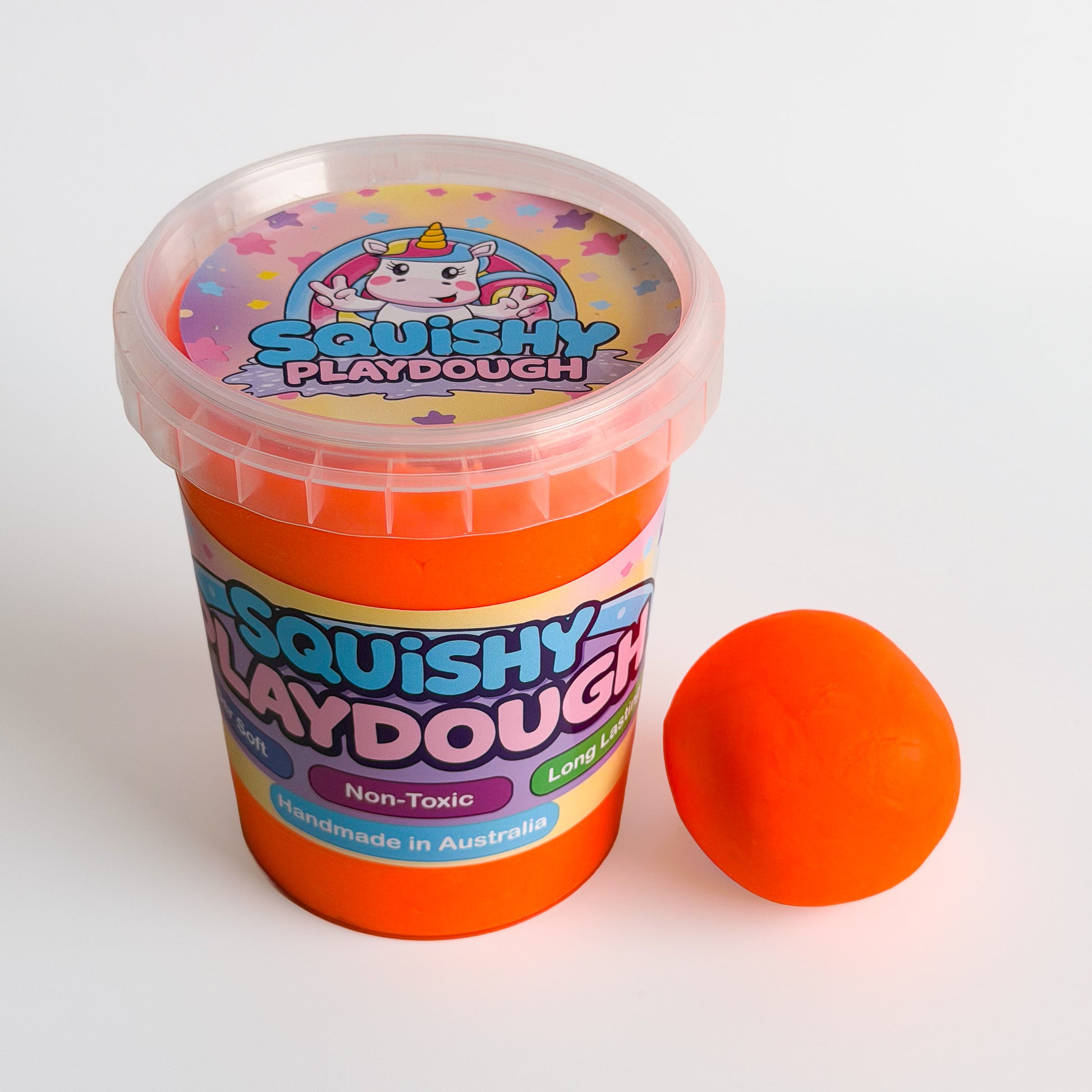 Orange Playdough Tub 550g. Handmade by Squishy Play. Super soft, non-toxic and long lasting. Perfect for sensory play, fine motor skill development and creative play.