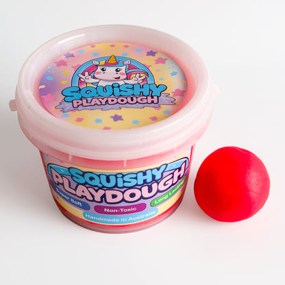 Red Playdough Tub 1kg. Handmade by Squishy Play. Super soft, non-toxic and long lasting. Perfect for sensory play, fine motor skill development and creative play.