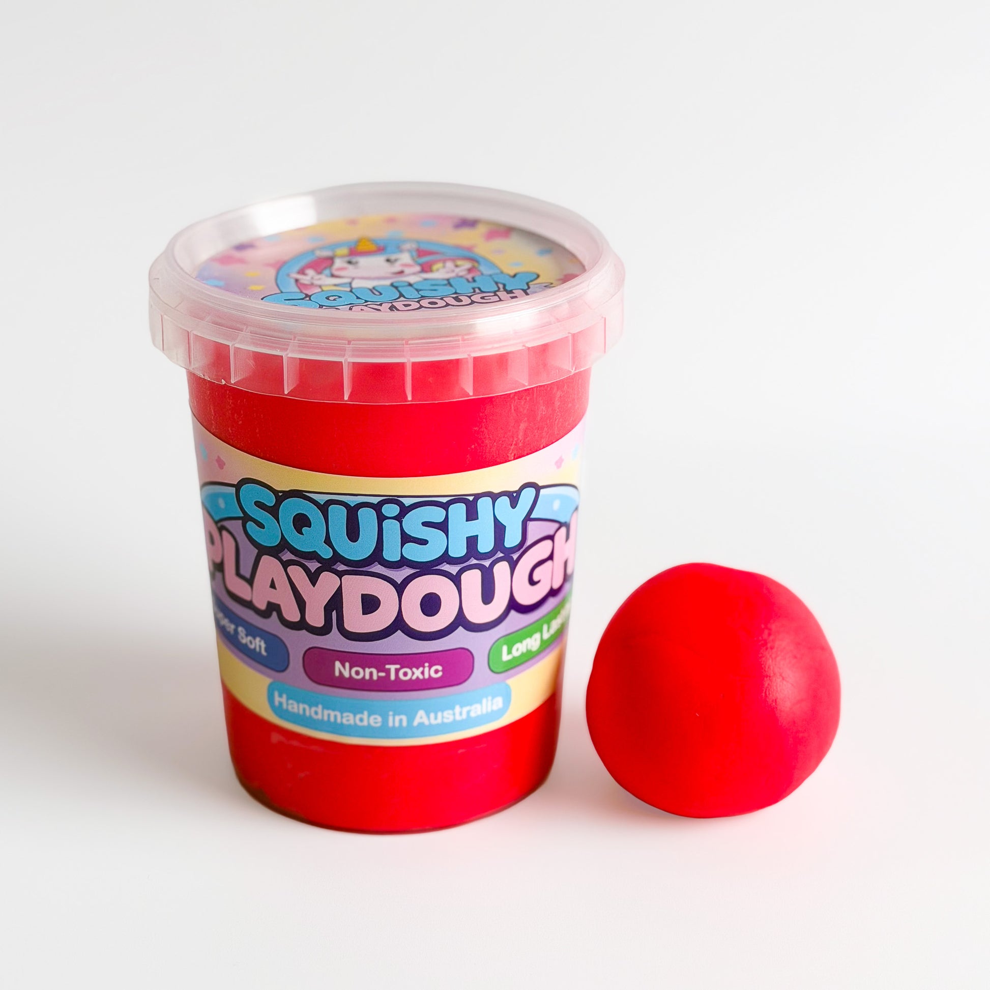 Red Playdough Tub 1kg. Handmade by Squishy Play. Super soft, non-toxic and long lasting. Perfect for sensory play, fine motor skill development and creative play.