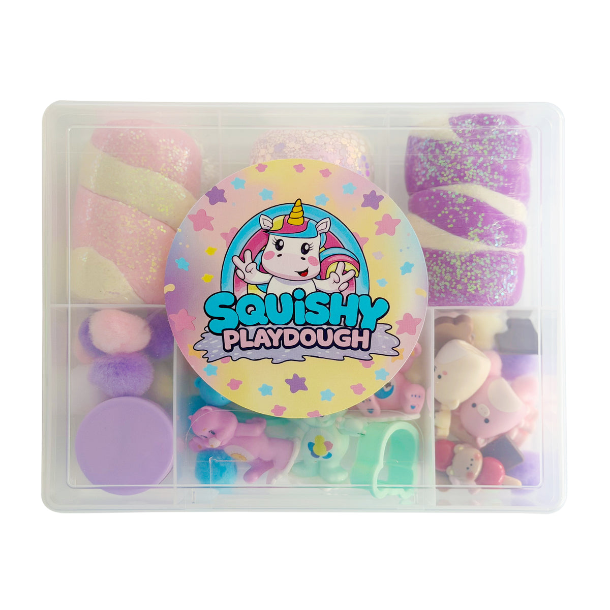 Care Bear themed playdough kit by Squishy Play with colourful dough and sensory accessories for kids.