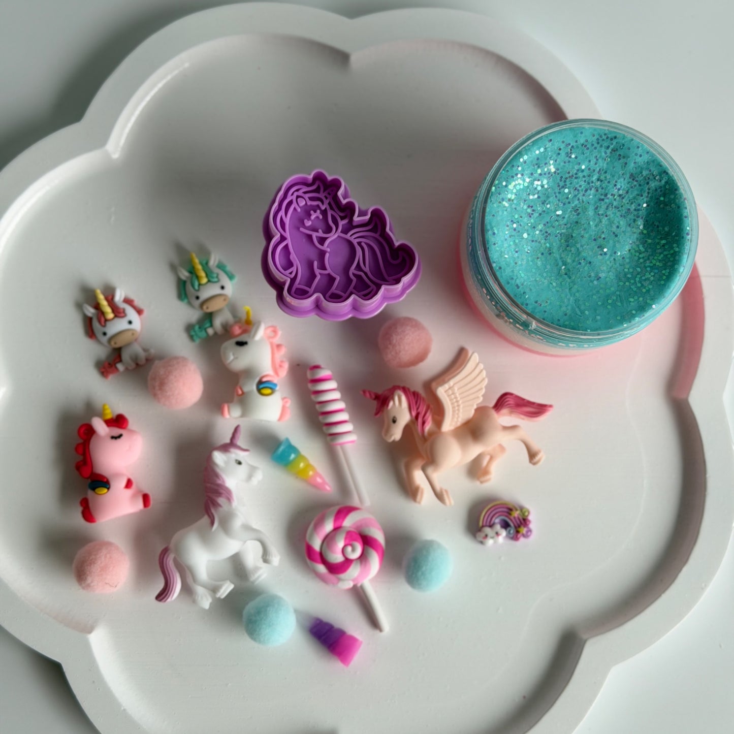Squishy Playdough container with unicorn  toys. Handmade in Australia. Super soft and non toxic playdough.