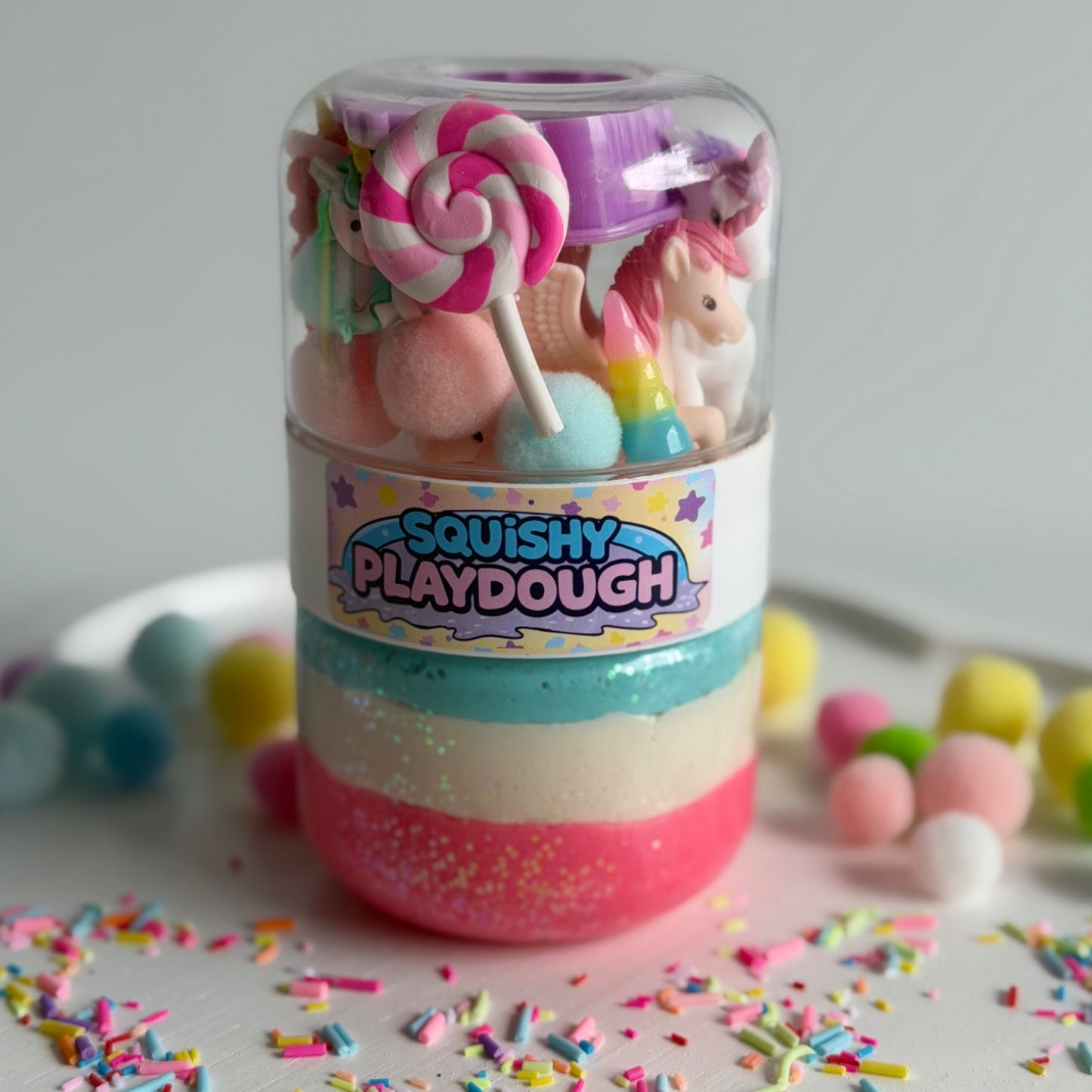 Squishy Playdough container with unicorn  toys. Handmade in Australia. Super soft and non toxic playdough.