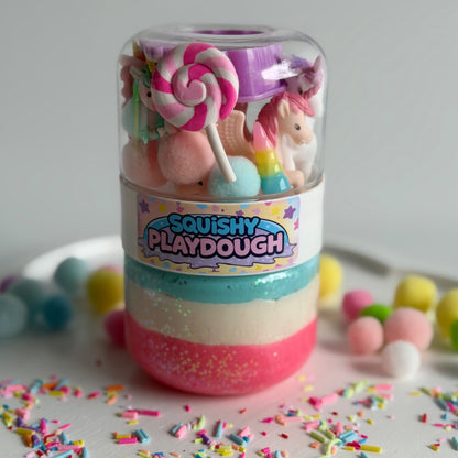 Squishy Playdough container with unicorn  toys. Handmade in Australia. Super soft and non toxic playdough.
