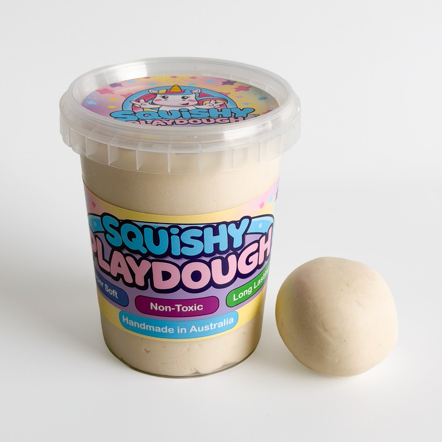 White Playdough Tub 550g. Handmade by Squishy Play. Super soft, non-toxic and long lasting. Perfect for sensory play, fine motor skill development and creative play.