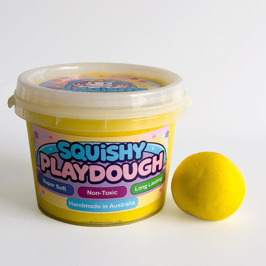 Yellow Playdough Tub 1kg. Handmade by Squishy Play. Super soft, non-toxic and long lasting. Perfect for sensory play, fine motor skill development and creative play.